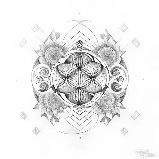 A unique combination of a tribal-style hourglass surrounded by elements of nature, such as a dead tree and the flower of life tattoo design idea