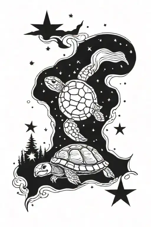 camping, campfire, stars, space, nature, sea turtle tattoo design idea