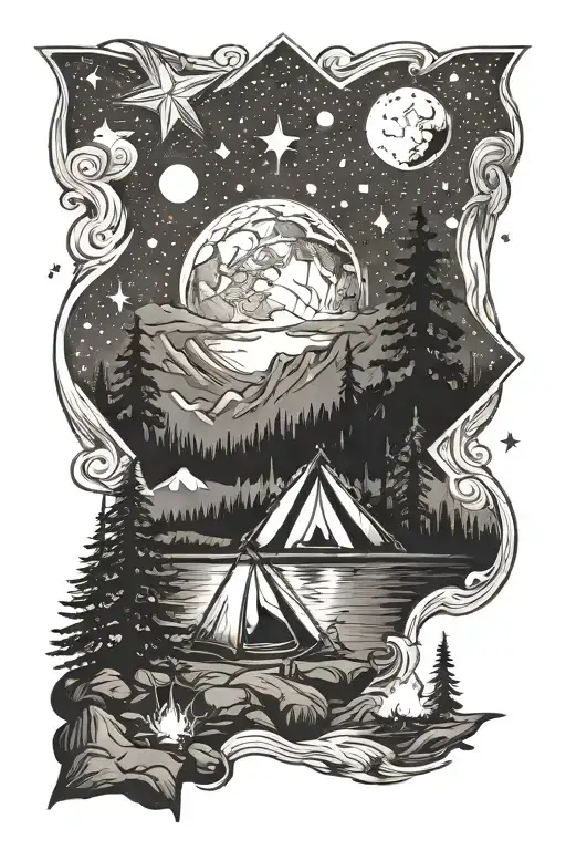 camping, campfire, stars, space, nature, sea tattoo design idea
