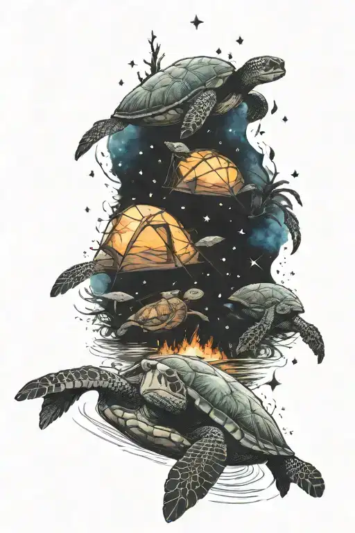 camping, campfire, stars, space, nature, sea turtle tattoo design idea