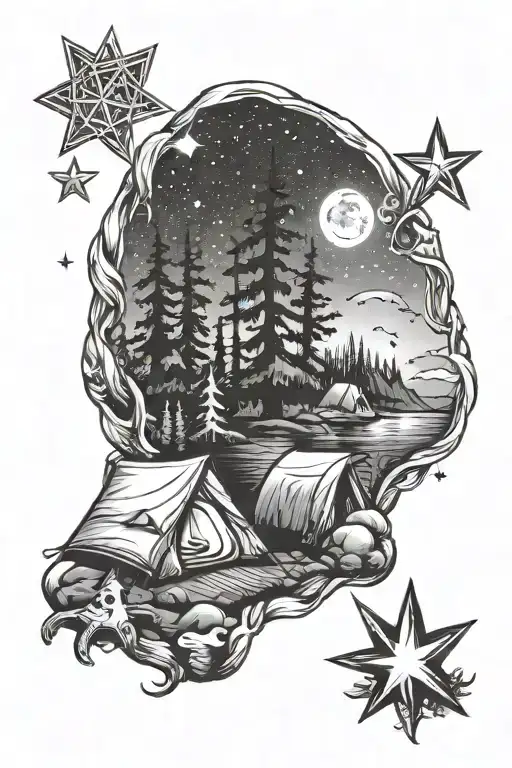 camping, campfire, stars, space, nature, sea tattoo design idea