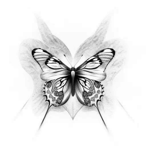 butterfly with heart at the bottom, 3D effect tattoo design idea