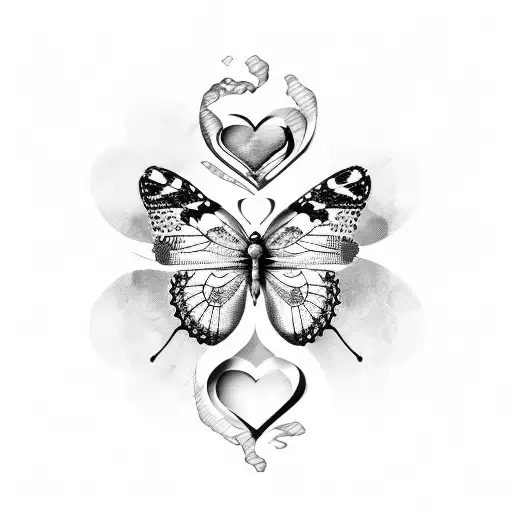 butterfly, heart at the bottom, curly, black and white  tattoo design idea