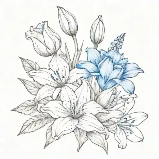 bouquet of a blue bonnet flower, lily flower, and tulip flower tattoo design idea