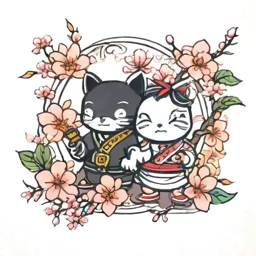 vintage cartoon characters with cherry blossoms and chinese writing tattoo design idea