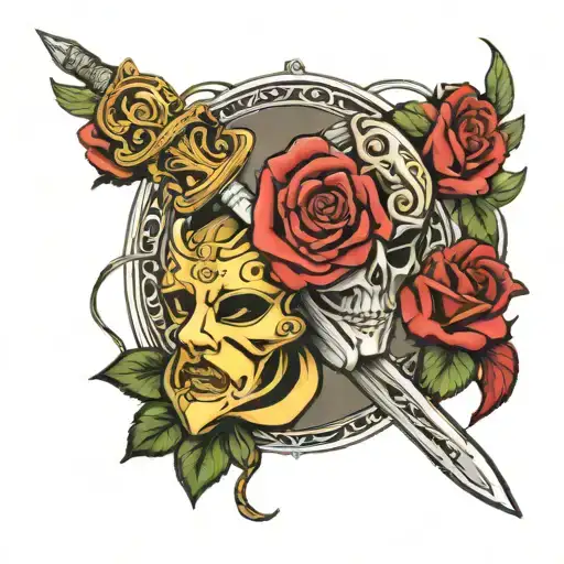 masks of drama sword and rose in twined with sword  tattoo design idea