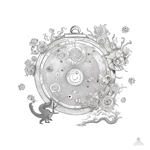 A time machine decorated with a few small flowers, a dragon and a time machine with tiny hands and feet underneath it tattoo design idea