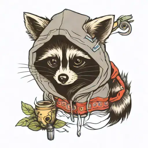 cute raccoon wearing hoodie hacking tattoo design idea