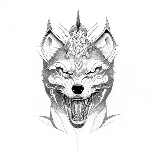 fenrir with runen around them in a mystic nordic/celtic style tattoo design idea