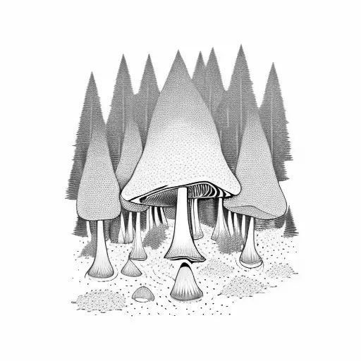A psychedelic mushroom forest with a teacher's blackboard hidden within tattoo design idea