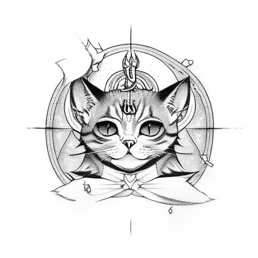 An anime-inspired tattoo design with a cat motif, including elements of darkness and satanic symbolism tattoo design idea