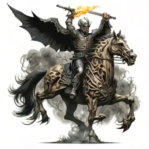 ghostrider but as a knight riding a firey skeleton horse past demons add crowley from supernatural tattoo design idea