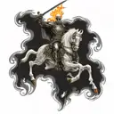 ghostrider but as a knight riding a firey skeleton horse past demons add crowley from supernatural tattoo design idea