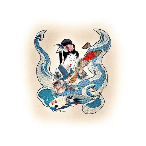 Geisha with koi fish in a traditional Japanese garden tattoo design idea