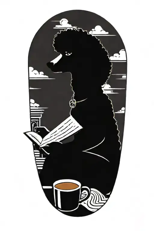 A Poodle reading a book with a cup of coffee on the beach tattoo design idea