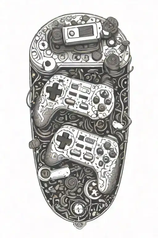 An intricate design of a video game controller made out of coffee beans and cigarette smoke tattoo design idea