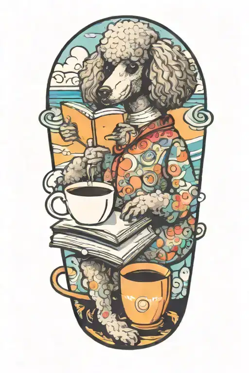 A Poodle reading a book with a cup of coffee on the beach tattoo design idea