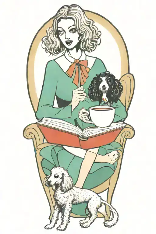 alice in wonderland reading a book with a cup of coffee and a poodle dog tattoo design idea