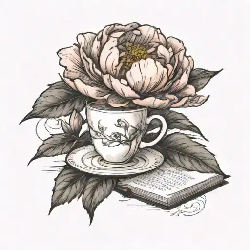 A peony flower blooming in the shape of a hiking trail, with a coffee cup and a book nestled in its petals tattoo design idea