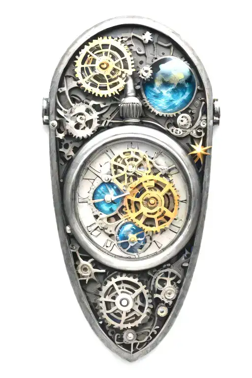 A mechanical pocket watch with intricate stars, planets, galaxies tattoo design idea