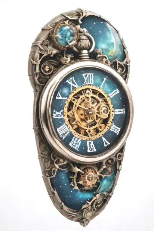 A mechanical pocket watch with intricate stars, planets, galaxies tattoo design idea