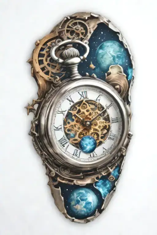 A mechanical pocket watch with intricate stars, planets, galaxies tattoo design idea