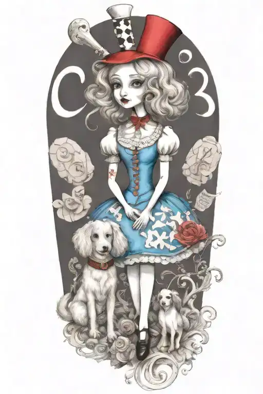 alice in wonderland holding a poodle dog tattoo design idea