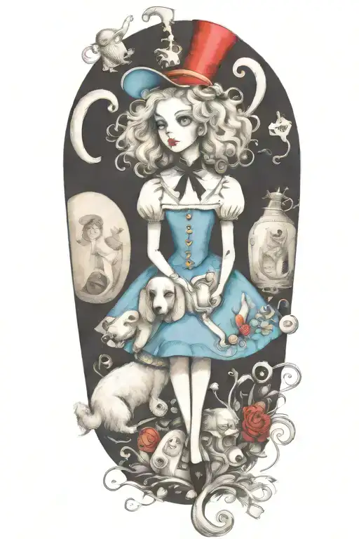 alice in wonderland holding poodle dog tattoo design idea