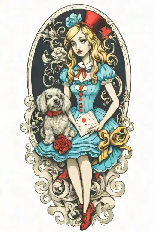 alice in wonderland holding a poodle dog  tattoo design idea