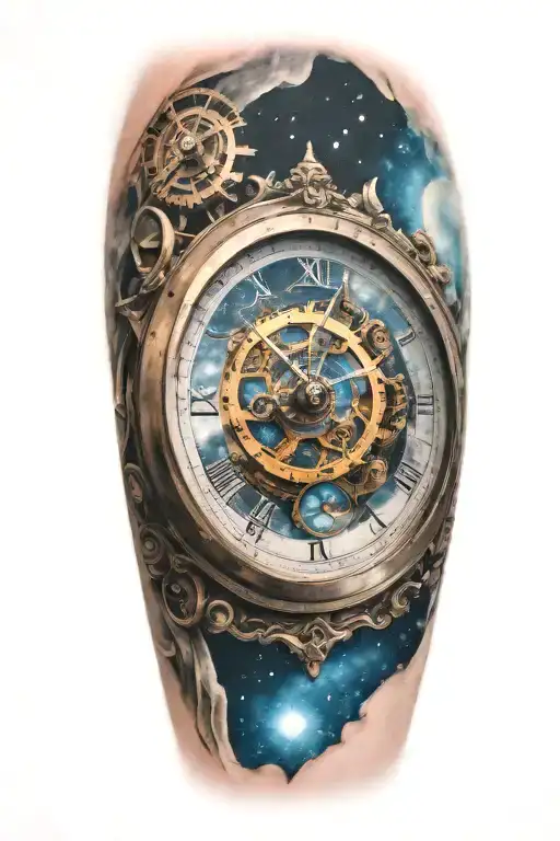A mechanical clock with intricate astronomy tattoo design idea