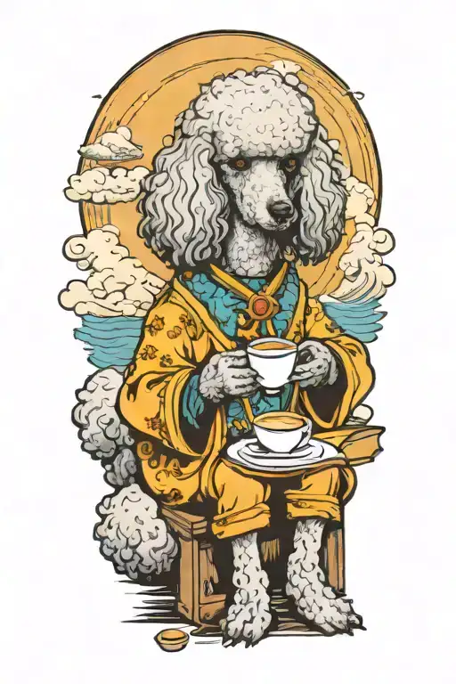 A Poodle reading a book with a cup of coffee on the beach tattoo design idea