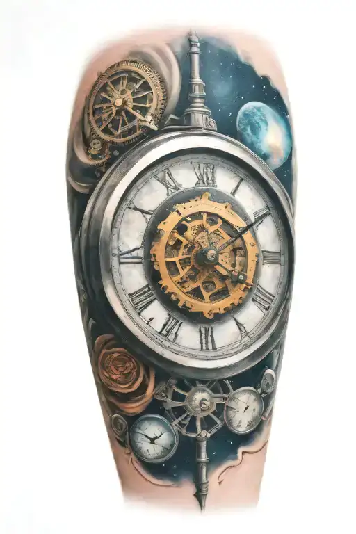 A mechanical clock with intricate astronomy tattoo design idea