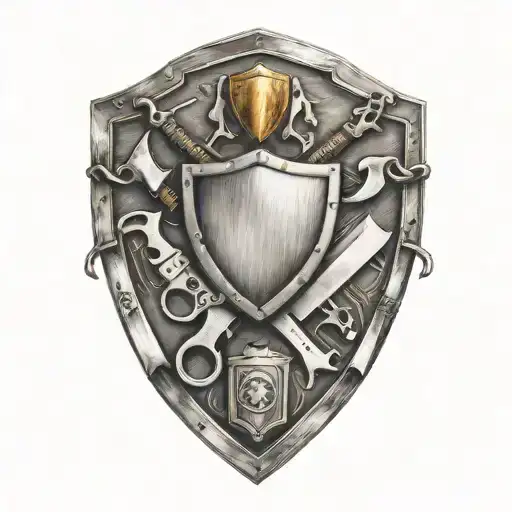 Shield border of tools intertwined tattoo design idea