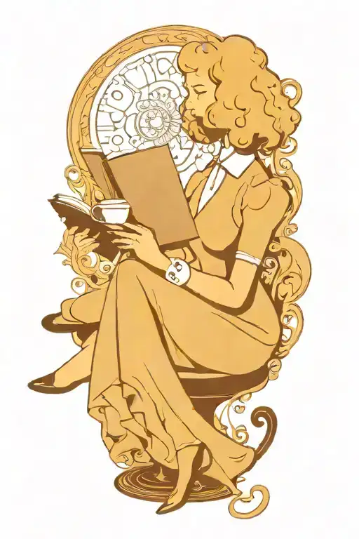 alice in wonderland reading a book with a cup of coffee and a poodle dog tattoo design idea