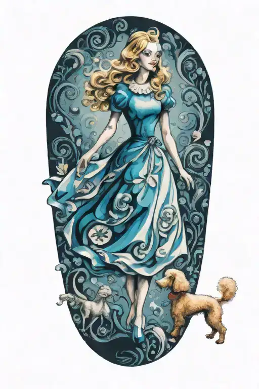 alice in wonderland walking a poodle  tattoo design idea