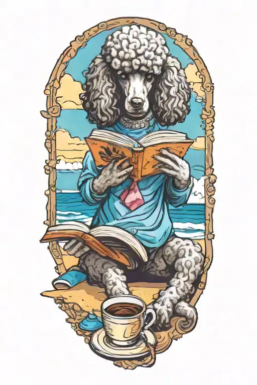 A Poodle reading a book with a cup of coffee on the beach tattoo design idea