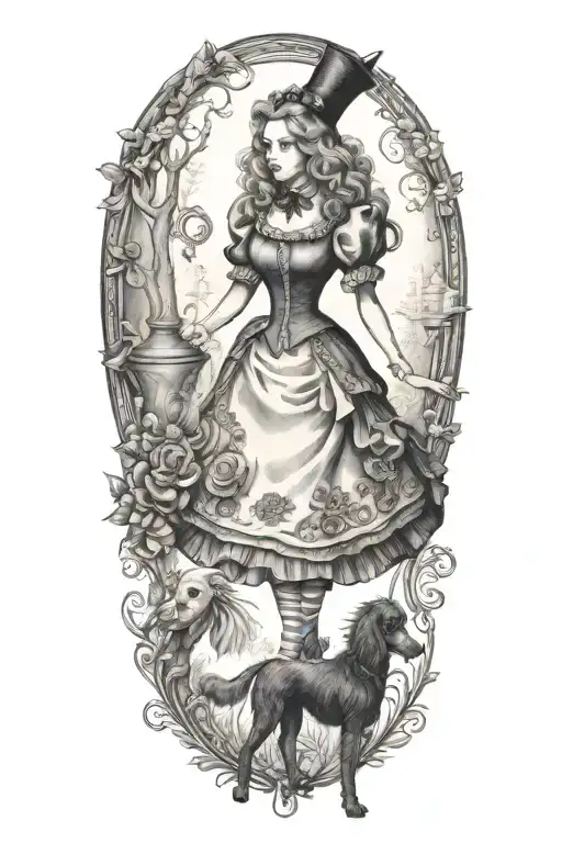 alice in wonderland walking a poodle  tattoo design idea