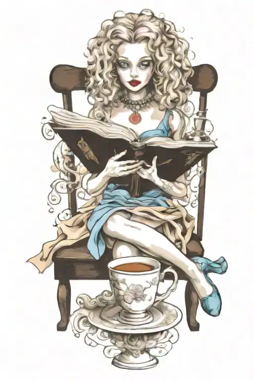 alice in wonderland reading a book with a cup of coffee and a poodle dog tattoo design idea