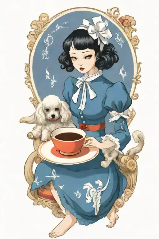 alice in wonderland reading a book with a cup of coffee and a poodle dog tattoo design idea