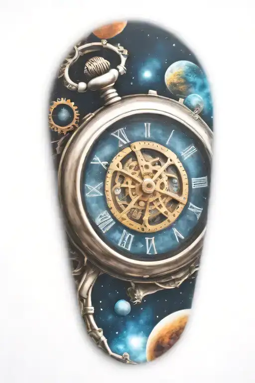 A mechanical pocket watch with intricate stars, planets, galaxies tattoo design idea