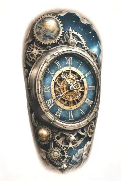 A mechanical clock with intricate astronomy tattoo design idea