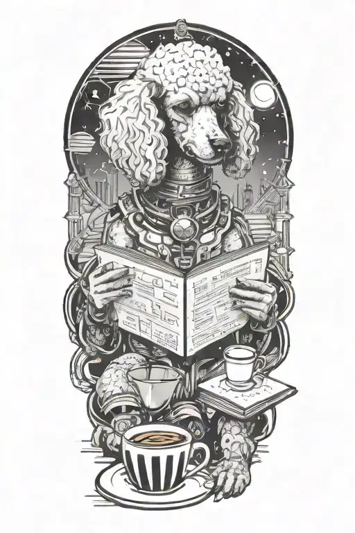 A Poodle reading a book with a cup of coffee on the beach tattoo design idea