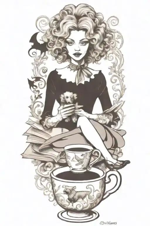alice in wonderland reading a book with a cup of coffee and a poodle dog tattoo design idea
