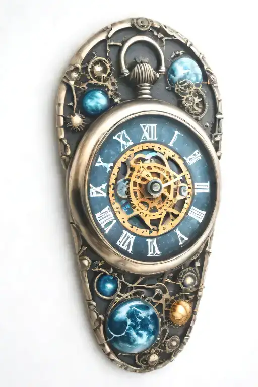 A mechanical pocket watch with intricate stars, planets, galaxies tattoo design idea