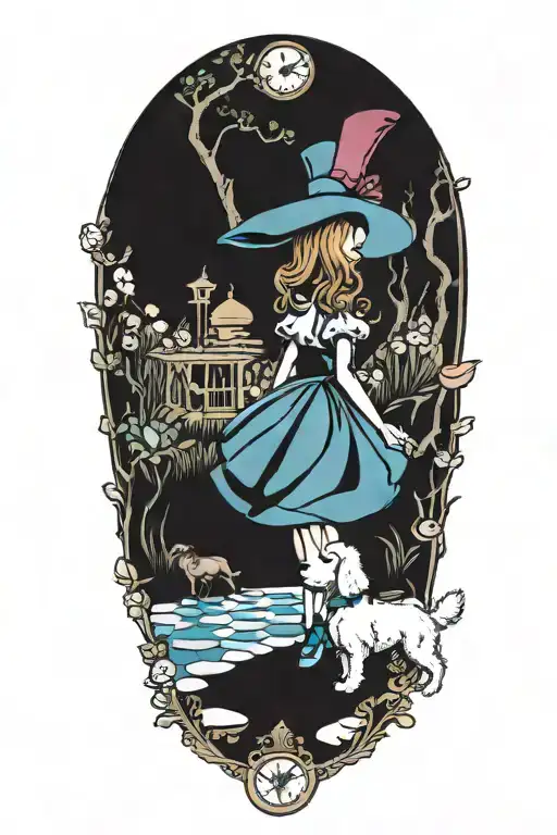 alice in wonderland walking a poodle tattoo design idea