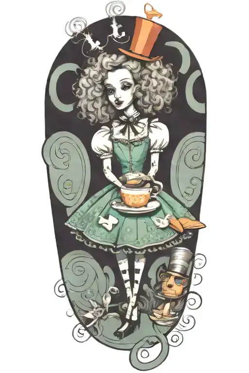 alice in wonderland, cup of coffee, book, poodle tattoo design idea