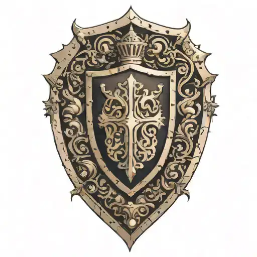 An abstract representation of a knight's shield incorporating coffee beans and animal silhouettes tattoo design idea