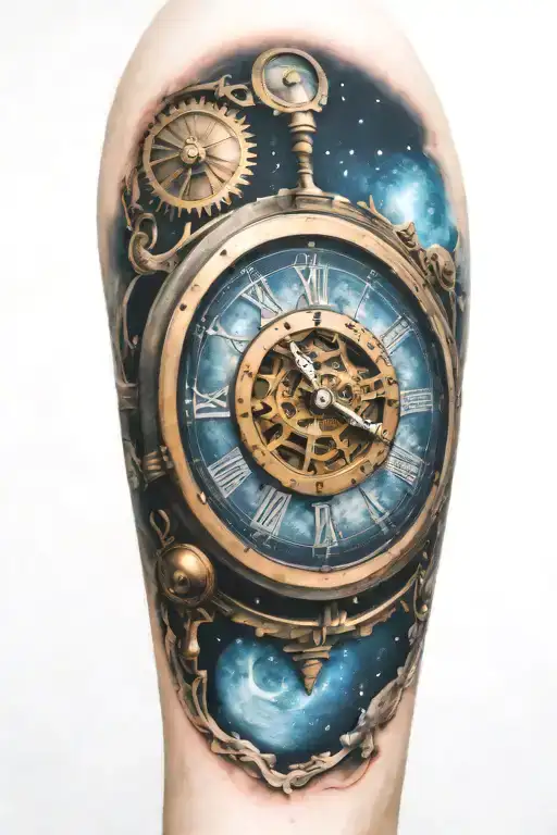 A mechanical clock with intricate astronomy tattoo design idea
