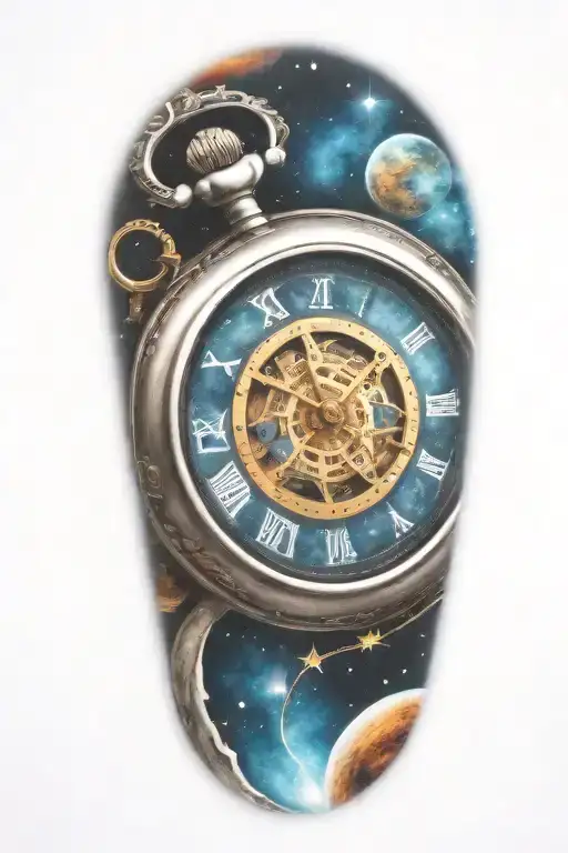 A mechanical pocket watch with intricate stars, planets, galaxies tattoo design idea