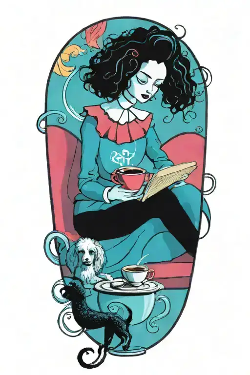 alice in wonderland reading a book with a cup of coffee and a poodle dog tattoo design idea
